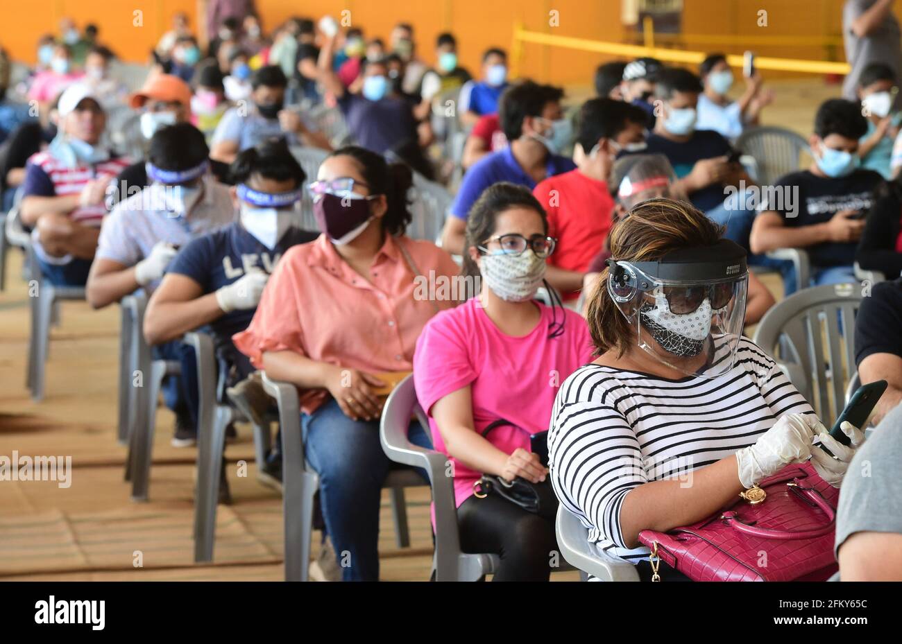 People wait to receive COVID-19 vaccine doses   at one of the largest vaccination sites at Radhaswami Satsang, in New Delhi, India, Tuesday, May 4, 2021.  More than 20 million Indians have been infected with the coronavirus as it continues to spread with 3,500 deaths in the past 24 hours.   Photo by Abhishek/UPI Stock Photo