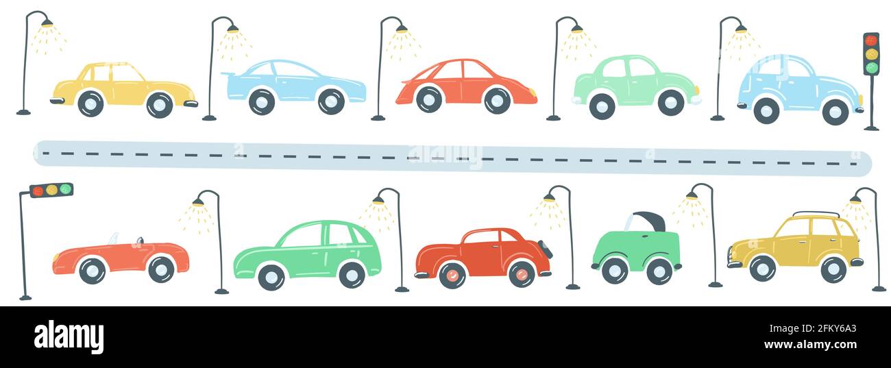 traffic jam from colored cars flat simple cartoon style hand drawing