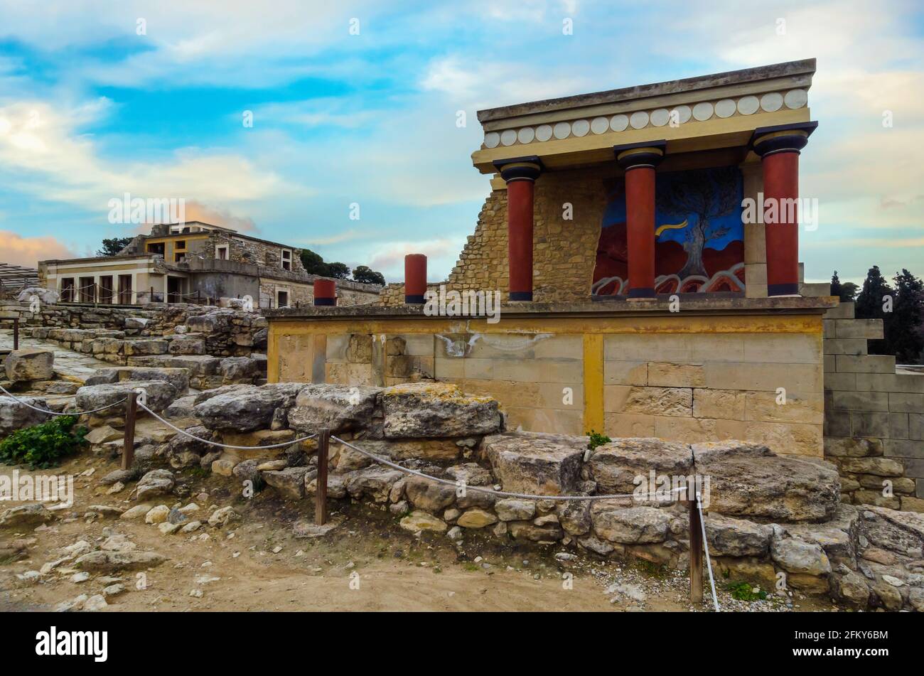 Knossos Palace, Crete, Greece. Restored North Entrance with the Charging Bull fresco at the famous archaeological site of Knossos Palace in Heraklion Stock Photo