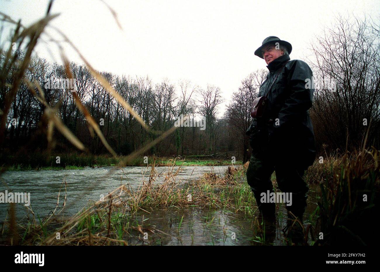 WRITER BRIAN CLARKE, BY AN UNUSUALLY SWOLLEN RIVER MEON, IN HAMPSHIRE. Stock Photo