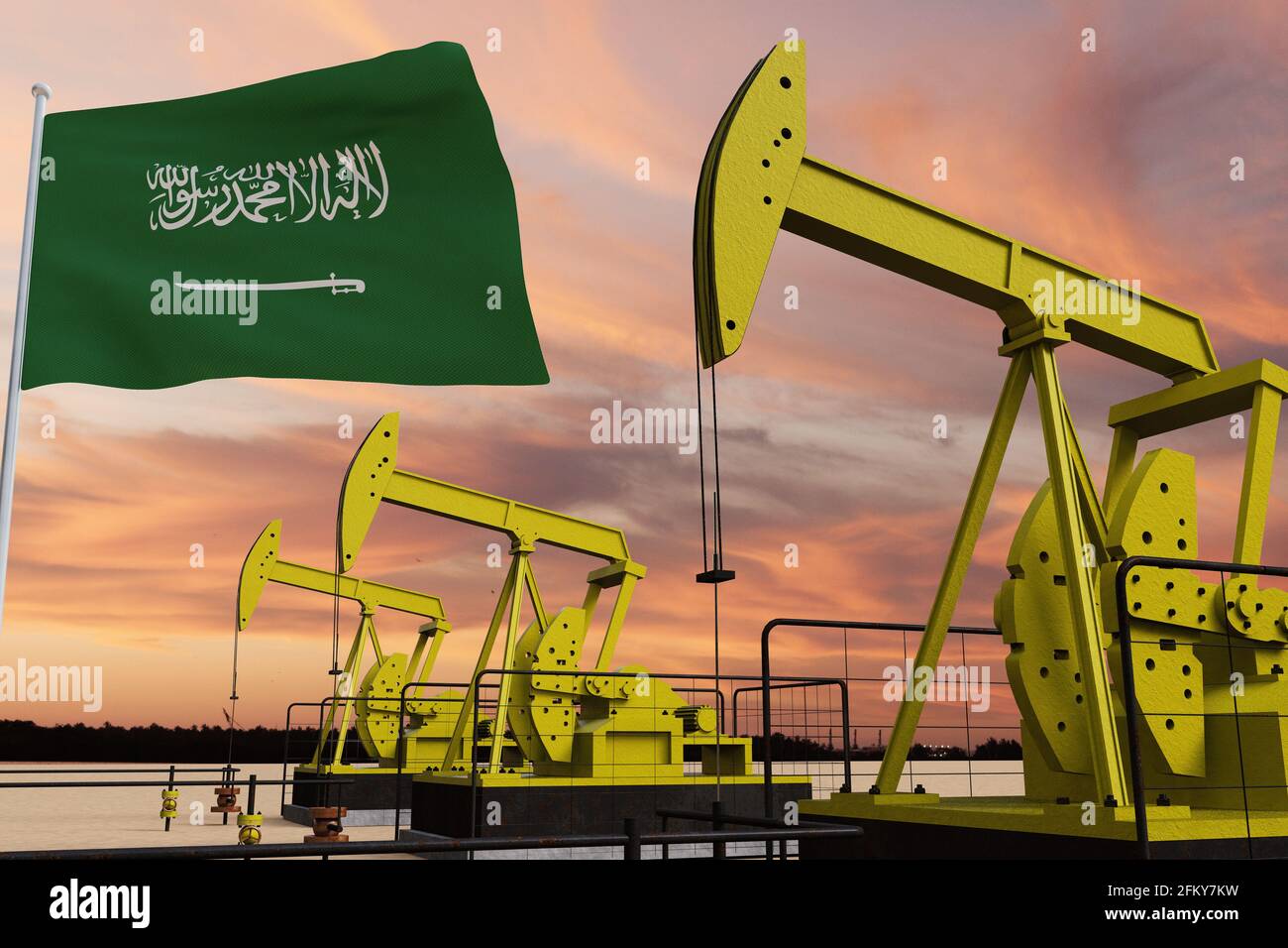 Nice pumpjack oil extraction and cloudy sky in sunset with the Saudi Arabia flag. Stock Photo