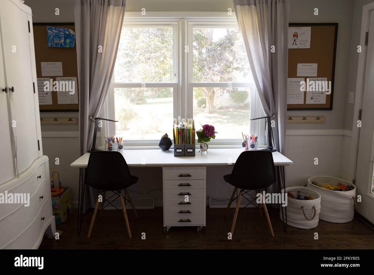 Distance Learning Desk Setup for Two Children Stock Photo Alamy