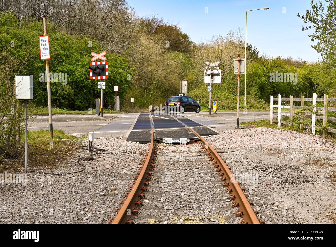 Bridgend, Wales April 2021 Disused ingle railway track crossing a