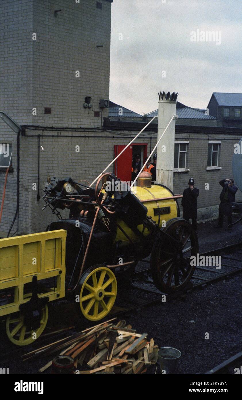 A replica of Stephenson's Rocket at St. Pancras Station, London, 10th March 1980, marking the issue of a set of train stamps by Royal Mail. Stock Photo