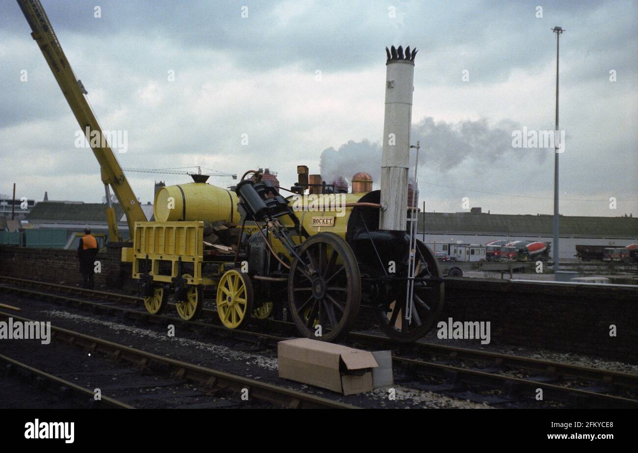 A replica of Stephenson's Rocket at St. Pancras Station, London, 10th March 1980, marking the issue of a set of train stamps by Royal Mail. Stock Photo