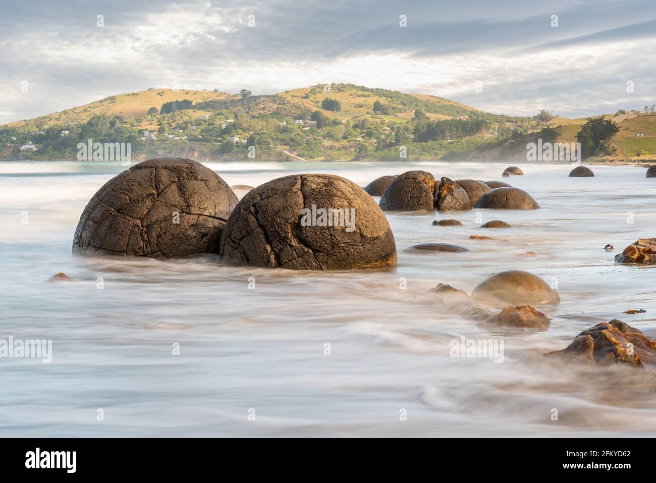 Scenic Moeraki Boulders at the east coast of New Zealands South Island Stock Photo