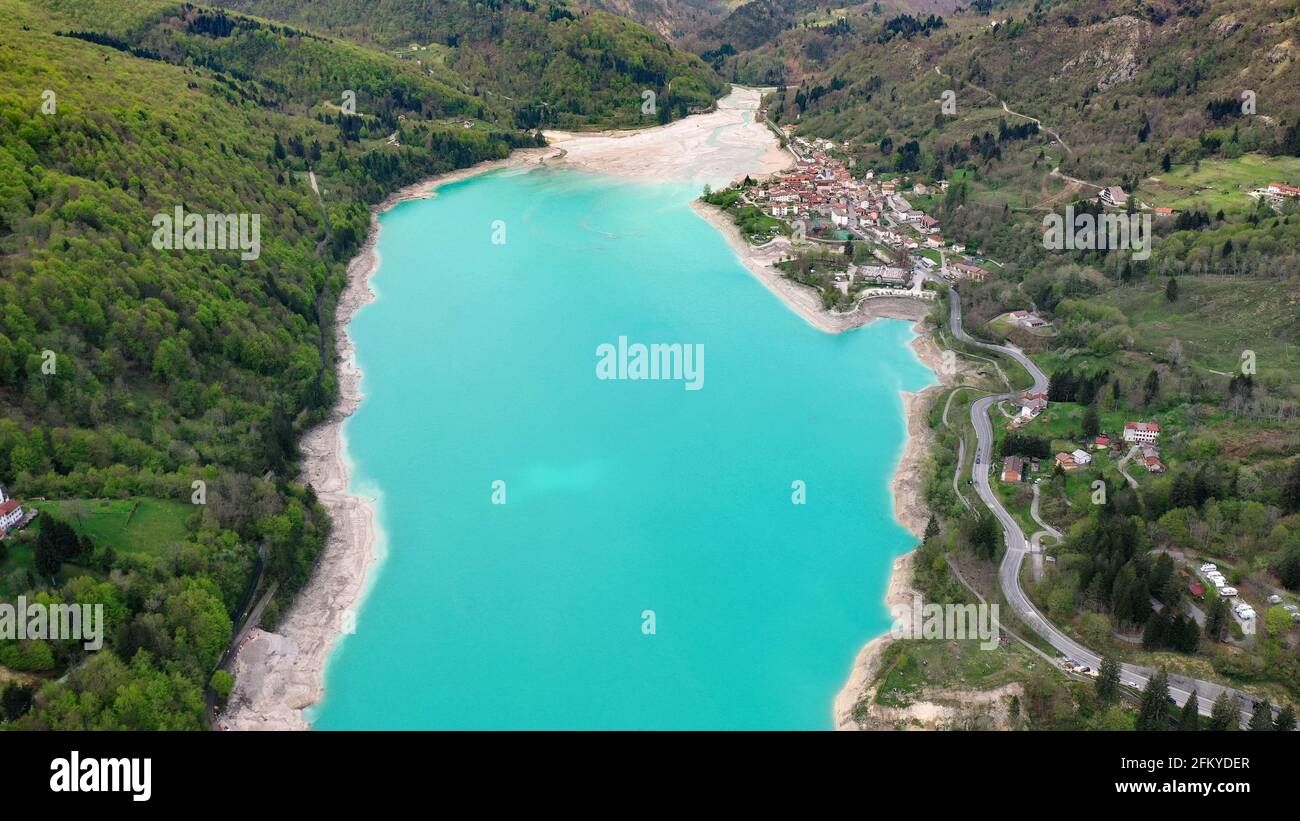 Barcis lake in a panoramic aerial view from above during sunny day at Valcellina-Pordenone,place to visit on Dolomites Stock Photo