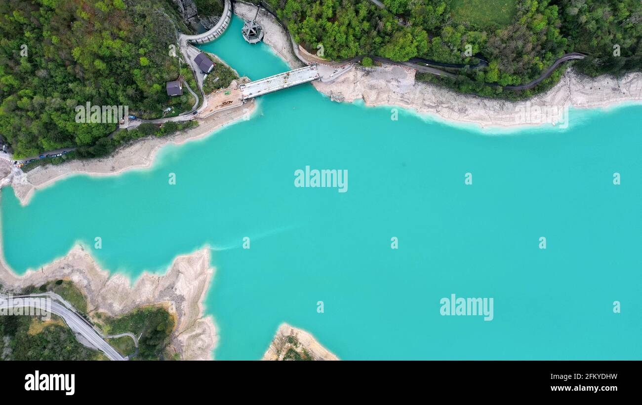 Barcis lake in a panoramic aerial view from above during sunny day at Valcellina-Pordenone,place to visit on Dolomites Stock Photo