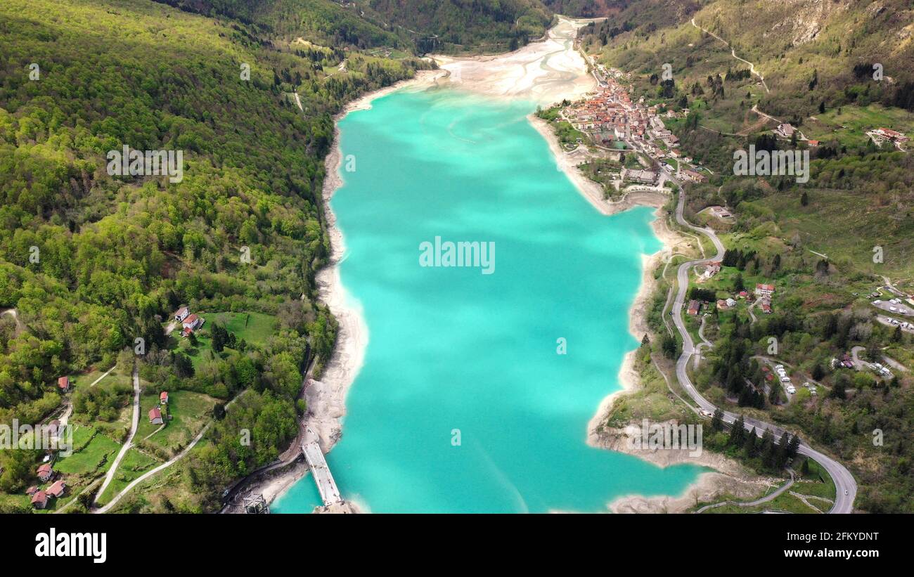 Barcis lake in a panoramic aerial view from above during sunny day at Valcellina-Pordenone,place to visit on Dolomites Stock Photo