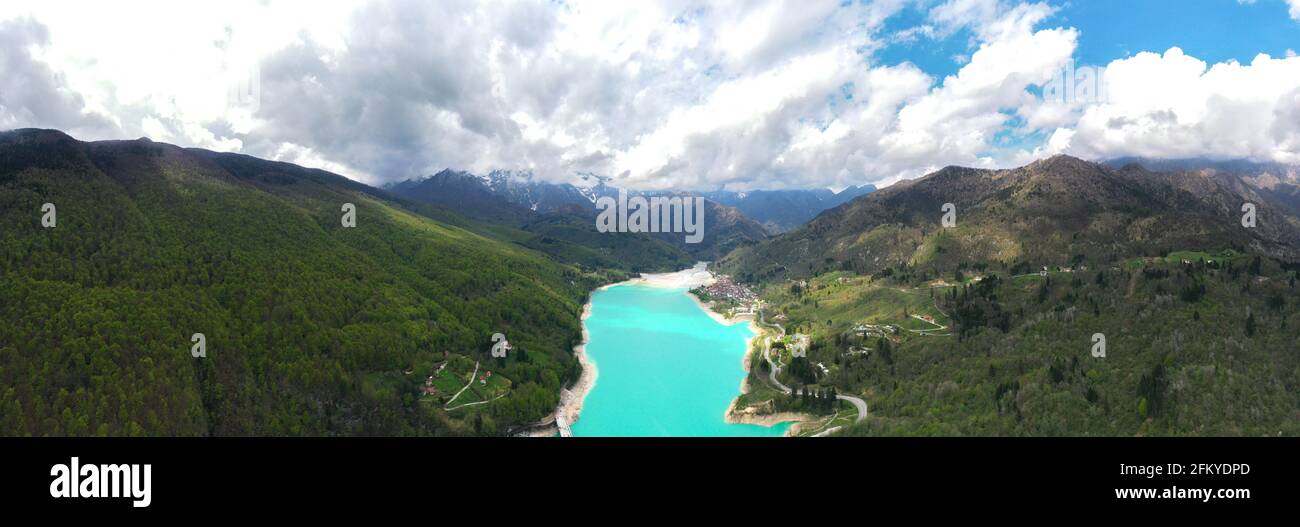 Barcis lake in a panoramic aerial view from above during sunny day at Valcellina-Pordenone,place to visit on Dolomites Stock Photo