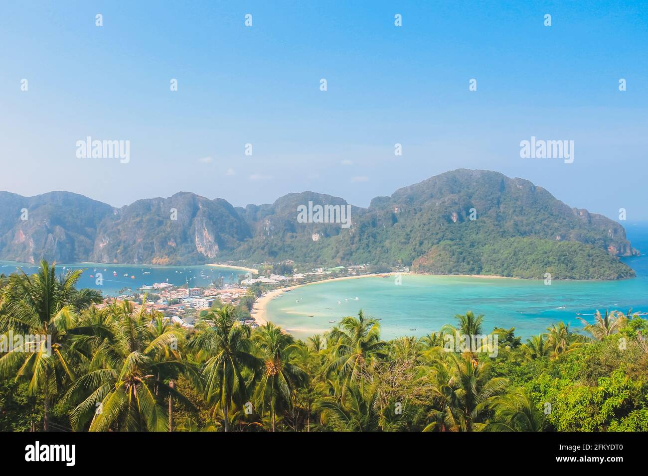 Viewpoint lookout over holiday resort destination Tonsai bay beach and Koh Phi Phi Don in the Phi Phi Islands on the Andaman Sea in Thailand. Stock Photo