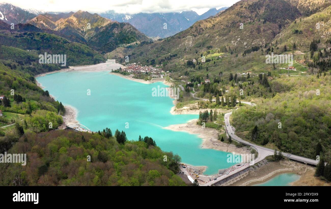 Barcis lake in a panoramic aerial view from above during sunny day at Valcellina-Pordenone,place to visit on Dolomites Stock Photo