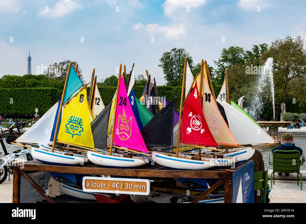 Toy wooden sailing boats in the Jardin des Tuileries Paris, France
