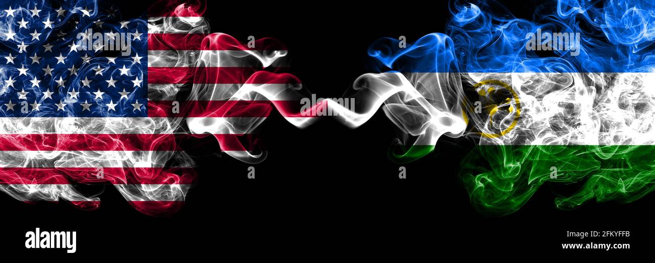 United States of America, America, US, USA, American vs Russia, Bashkortostan smoky mystic flags placed side by side. Thick colored silky abstract smo Stock Photo