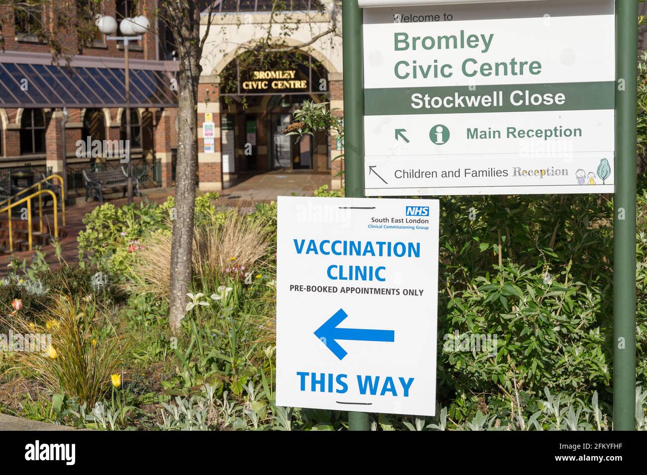 Sign posted to Covid-19 Vaccination Clinic set up at Bromley Civic Centre, Kent, England UK, Britain Stock Photo