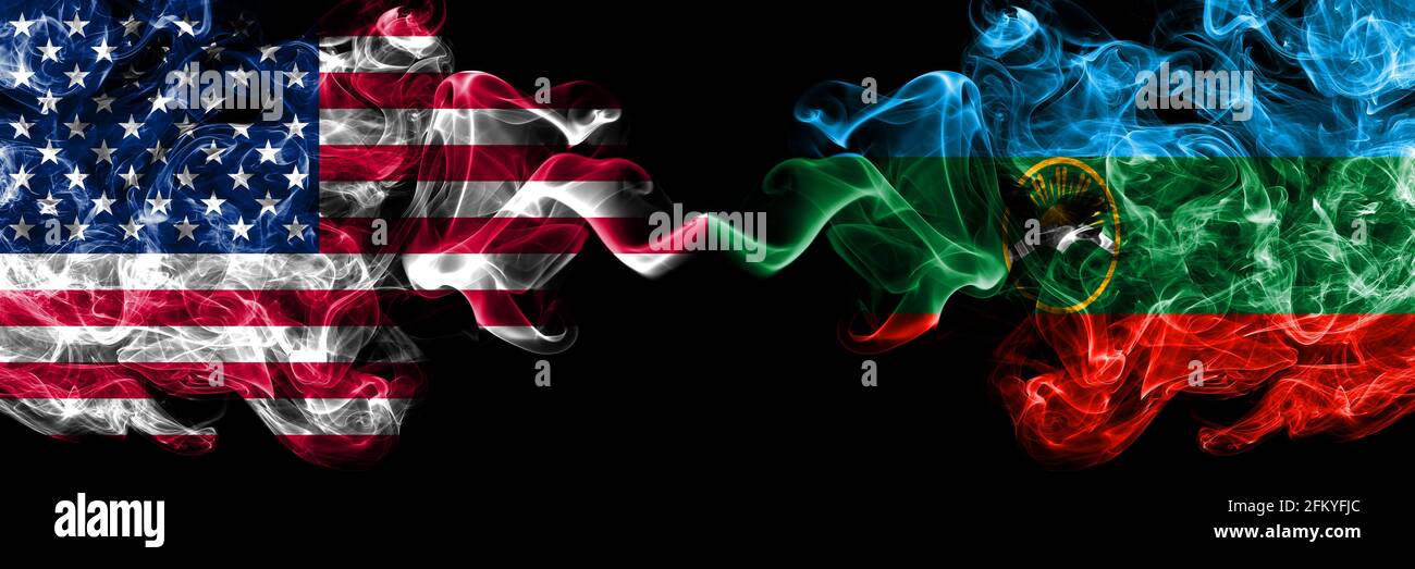 United States of America, America, US, USA, American vs Russia, Russian, Karachay Cherkessia smoky mystic flags placed side by side. Thick colored sil Stock Photo