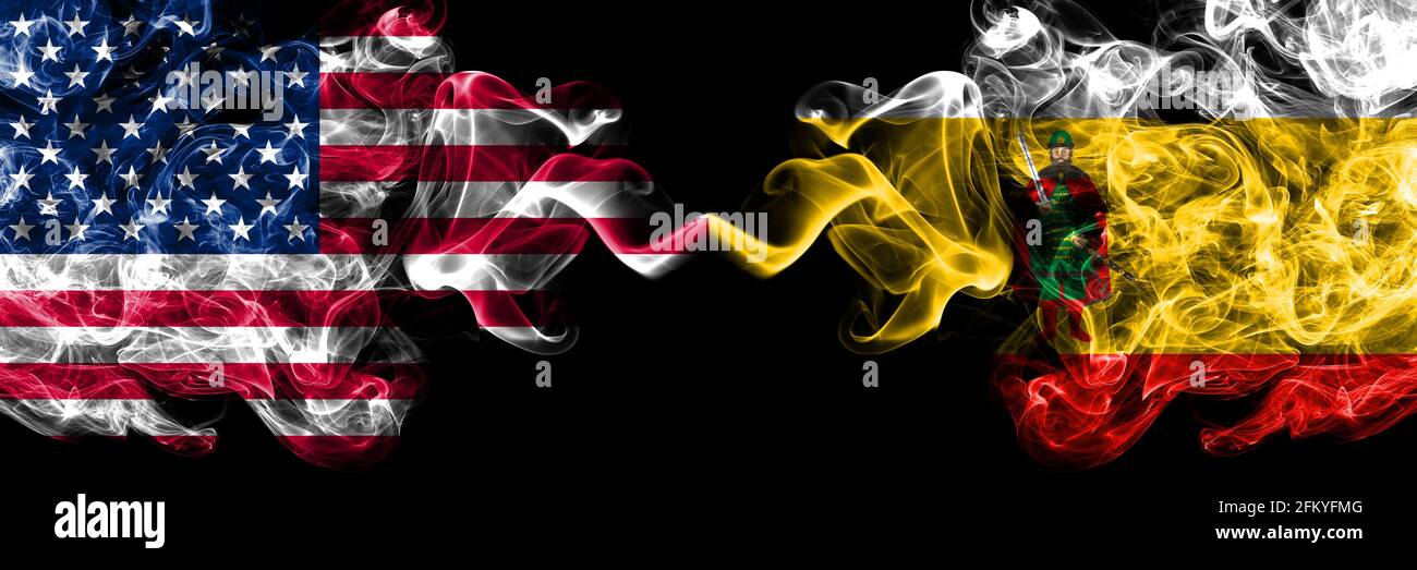United States of America, America, US, USA, American vs Russia, Russian, Ryazan Oblast smoky mystic flags placed side by side. Thick colored silky abs Stock Photo