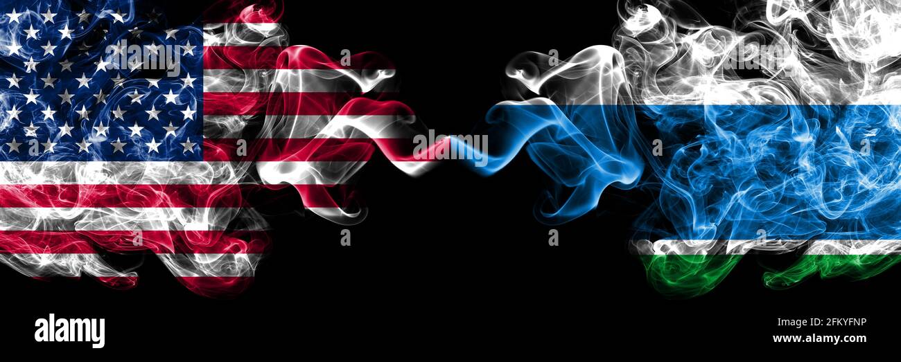 United States of America, America, US, USA, American vs Russia, Russian, Sverdlovsk Oblast smoky mystic flags placed side by side. Thick colored silky Stock Photo