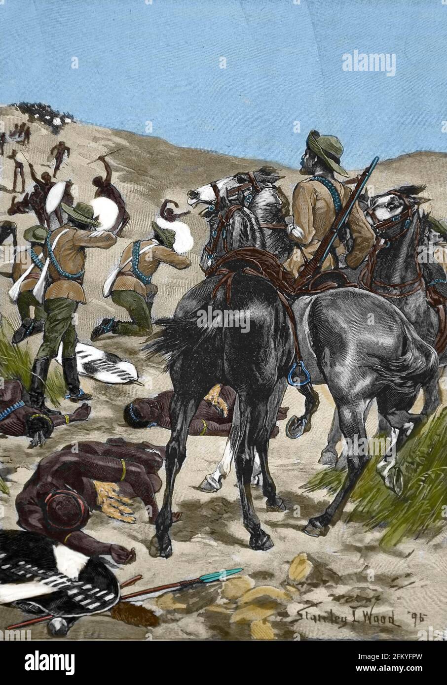 Anglo-Zulu War between the British Empire and the Zulu Kingdom, 1879. Combat. Iberian Illustration, 1898. Stock Photo