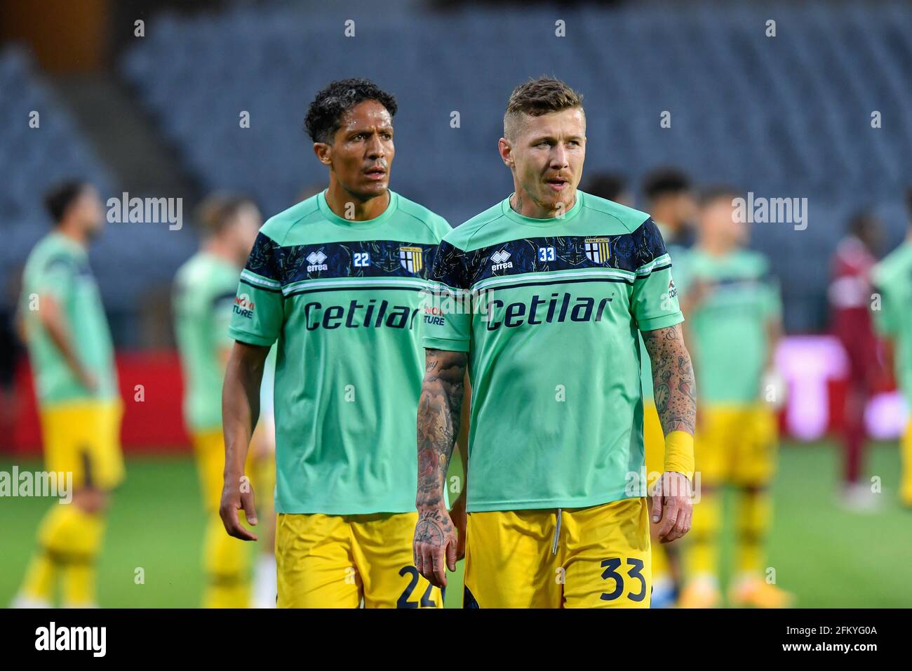Turin, Italy. 3rd, May 2021. Bruno Alves (22) and Juraj Kucka (33) of Parma Calcio seen during warm up before the Serie A match between Torino FC and Parma Calcio at Stadio Grande Torino in Turin, Italy. (Photo credit: Gonzales Photo - Tommaso Fimiano). Stock Photo
