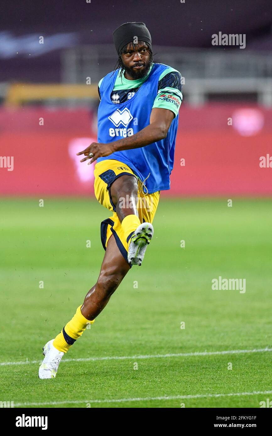 Turin, Italy. 3rd, May 2021. Gervinho (27) of Parma Calcio seen during warm up before the Serie A match between Torino FC and Parma Calcio at Stadio Grande Torino in Turin, Italy. (Photo credit: Gonzales Photo - Tommaso Fimiano). Stock Photo