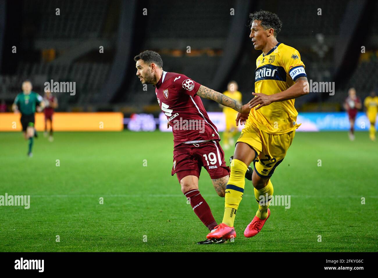 Turin, Italy. 3rd, May 2021. Antonio Sanabria (19) of Torino FC and Bruno Alves (22) of Parma Calcio seen during the Serie A match between Torino FC and Parma Calcio at Stadio Grande Torino in Turin, Italy. (Photo credit: Gonzales Photo - Tommaso Fimiano). Stock Photo