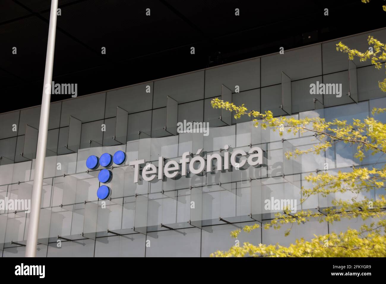 Telefónica's new logo, unveiled on April 23, 2021, is visible at the company's headquarters (Ciudad de la Comunicación) in Madrid, Spain. Stock Photo