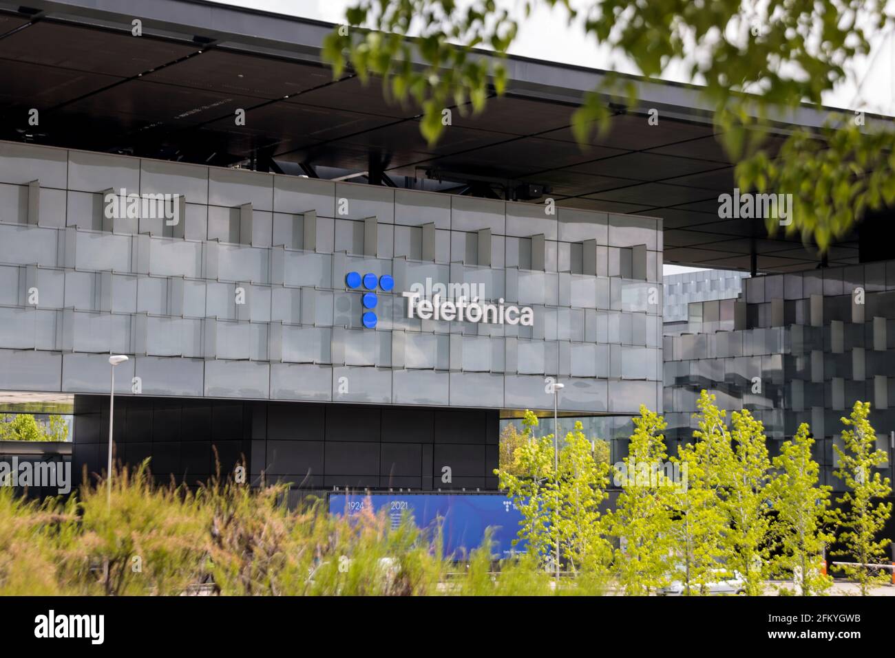Telefónica's new logo, unveiled on April 23, 2021, is visible at the company's headquarters (Ciudad de la Comunicación) in Madrid, Spain. Stock Photo
