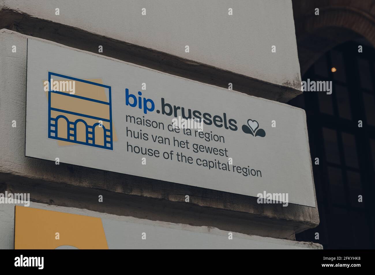 Brussels, Belgium - August 16, 2019: Sign at the entrance to bip.brussels, the house of the Brussels-Capital region providing information about entert Stock Photo
