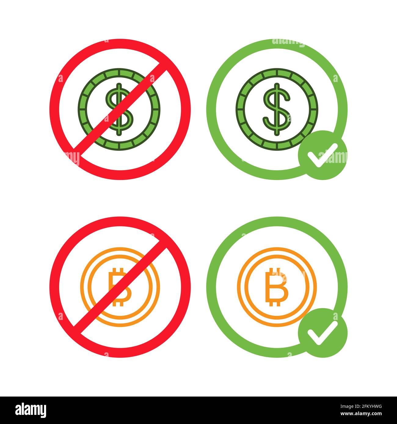 Bitcoin and dollar signs in crossed out red circles and in green circles  vector flat illustrations isolated on white background. Modern BTC crypto  currency and regular money allowed and prohibited Stock Vector