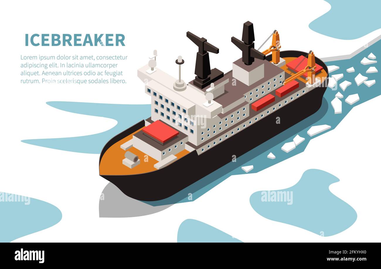 Modern powerful nuclear icebreaker ship in ice-covered water isometric  vessel image title text vector illustration Stock Vector