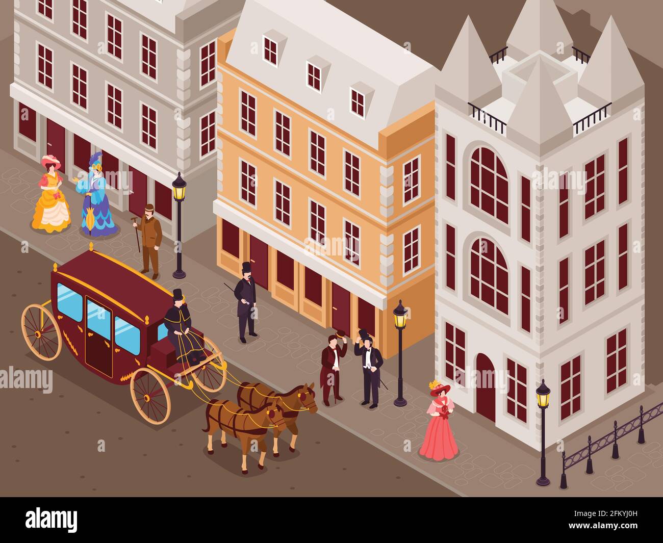 Victorian era street with city houses gentlemen ladies in fashionable crinoline skirts carriage isometric view vector illustration Stock Vector