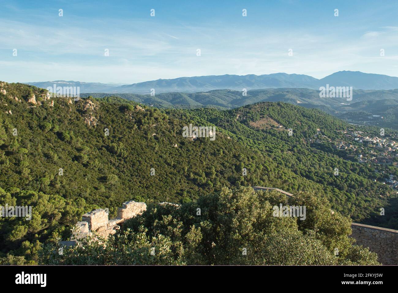 elevated view of a village in a valley from a fortification Stock Photo