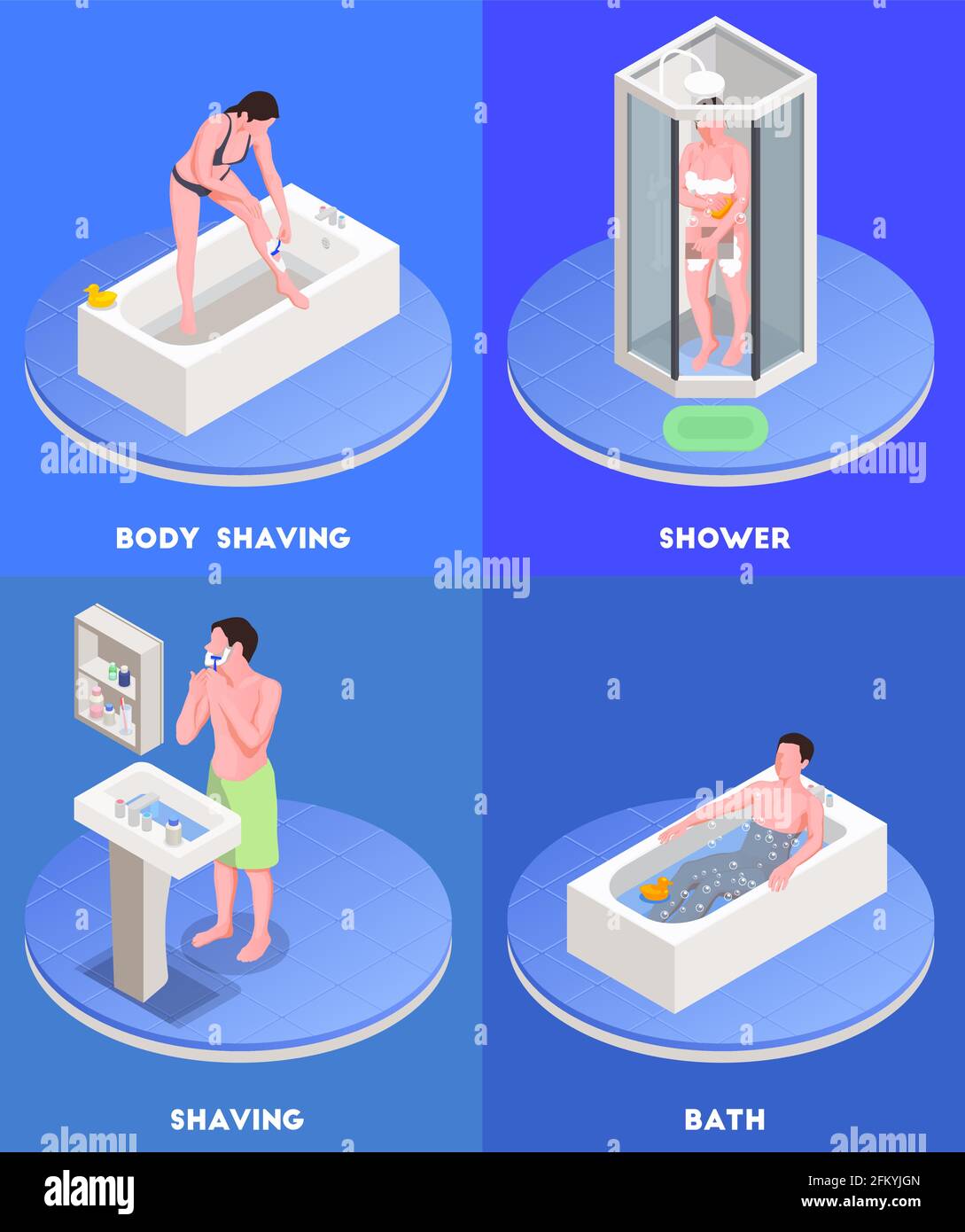 Personal hygiene concept isometric icons set with bathing and shaving symbols isolated vector illustration Stock Vector