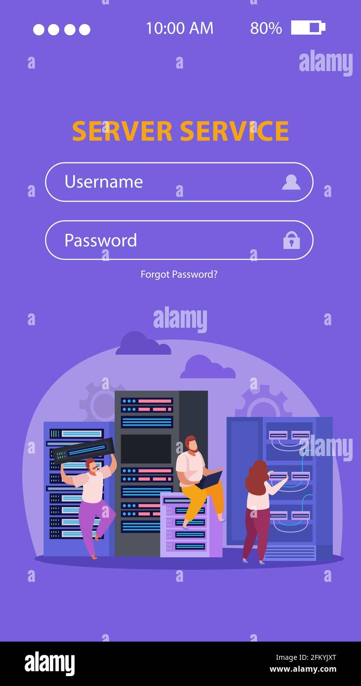 Flat background with log in form and system administrators fixing problems in server room vector illustration Stock Vector