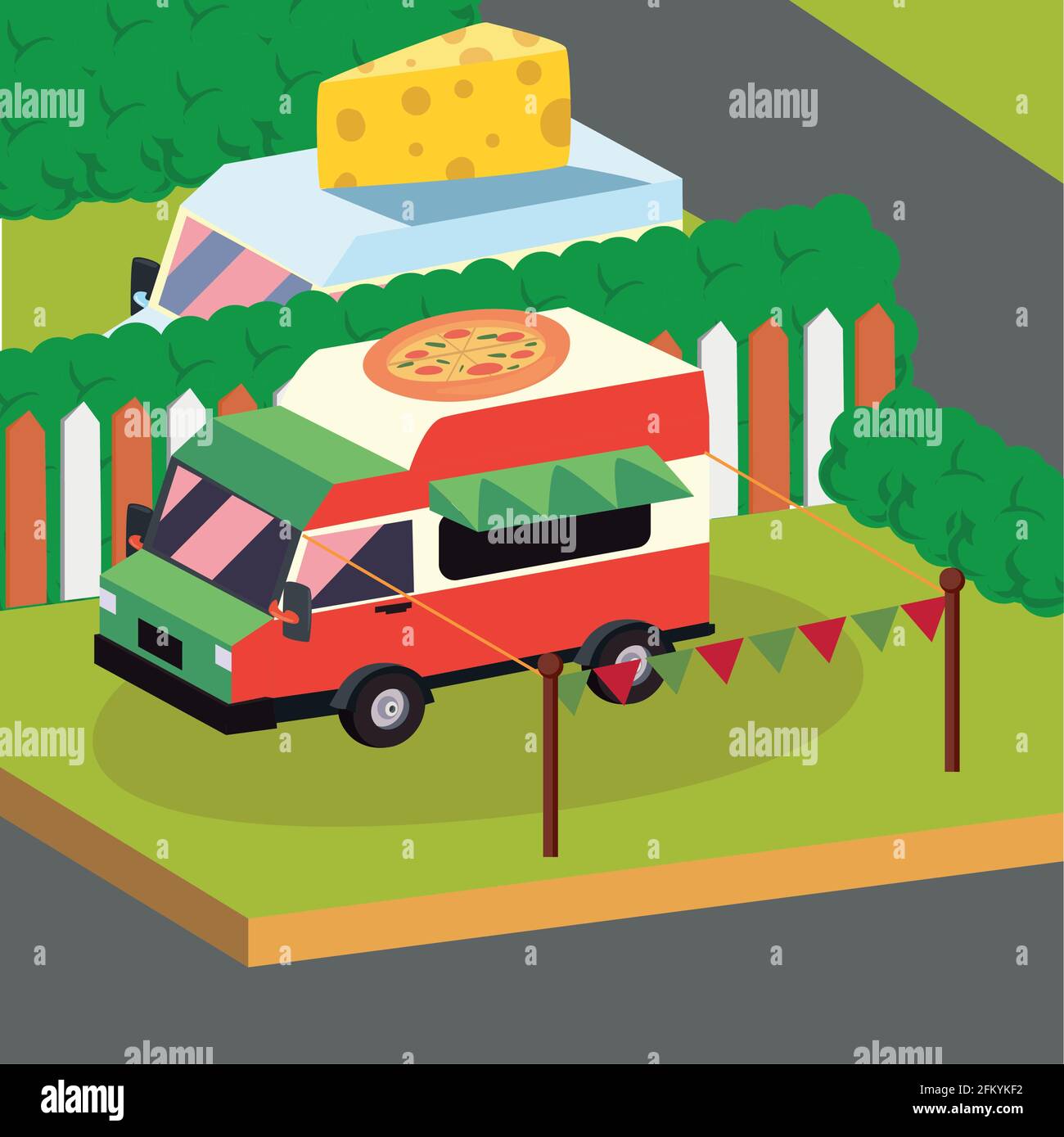 Isometric pizza food truck vehicle Stock Vector