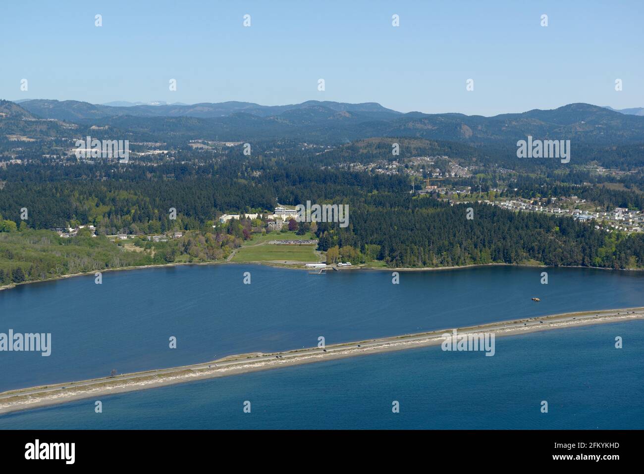 Aerial photograph of the Esquimalt Lagoon and Royal Roads University, Vancouver Island, British Columbia Stock Photo
