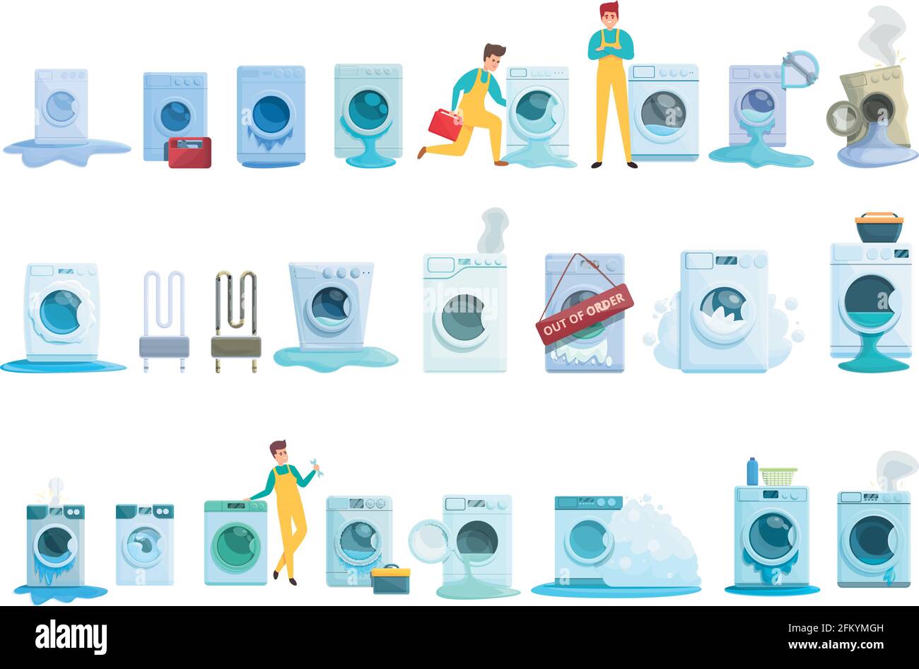 Washing machine repair icons set. Cartoon set of washing machine repair vector icons for web design Stock Vector