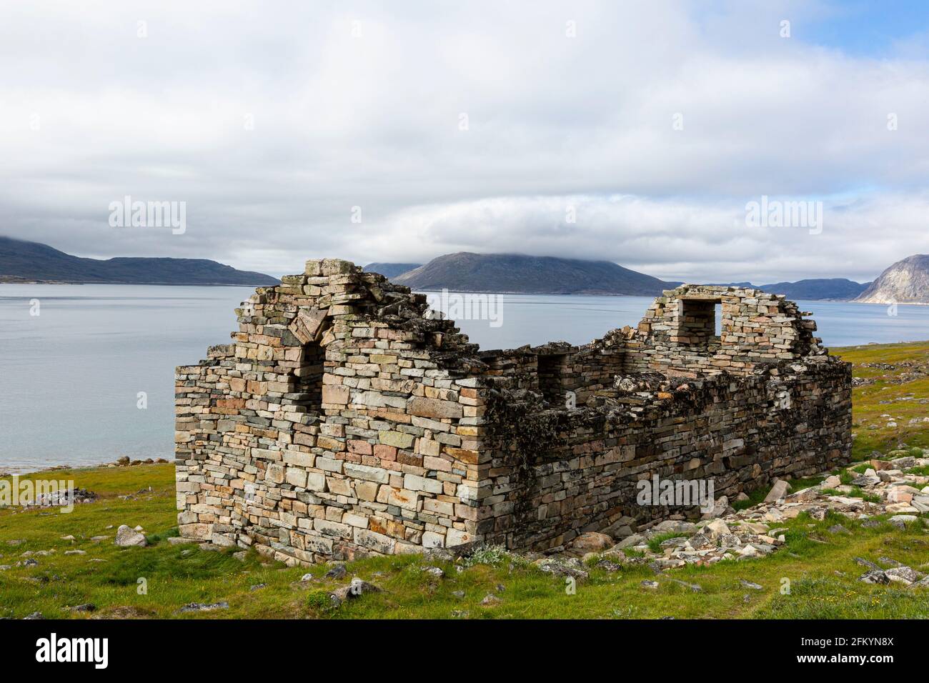 Church at Greenland's largest, best-preserved Norse farmstead ruins at Hvalsey, Qaqortukulooq, Greenland. Stock Photo