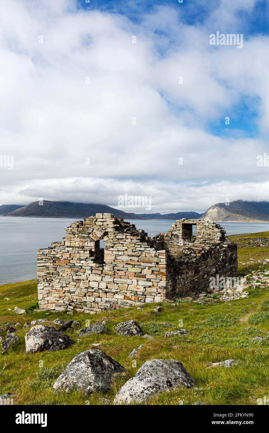 Church at Greenland's largest, best-preserved Norse farmstead ruins at Hvalsey, Qaqortukulooq, Greenland. Stock Photo