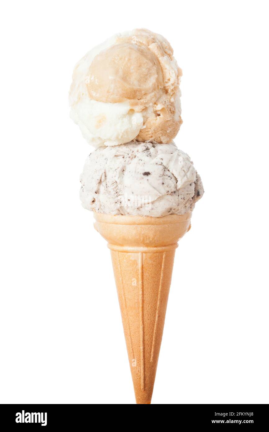 Cornet served with two scoops of ice cream; photo on white background Stock Photo
