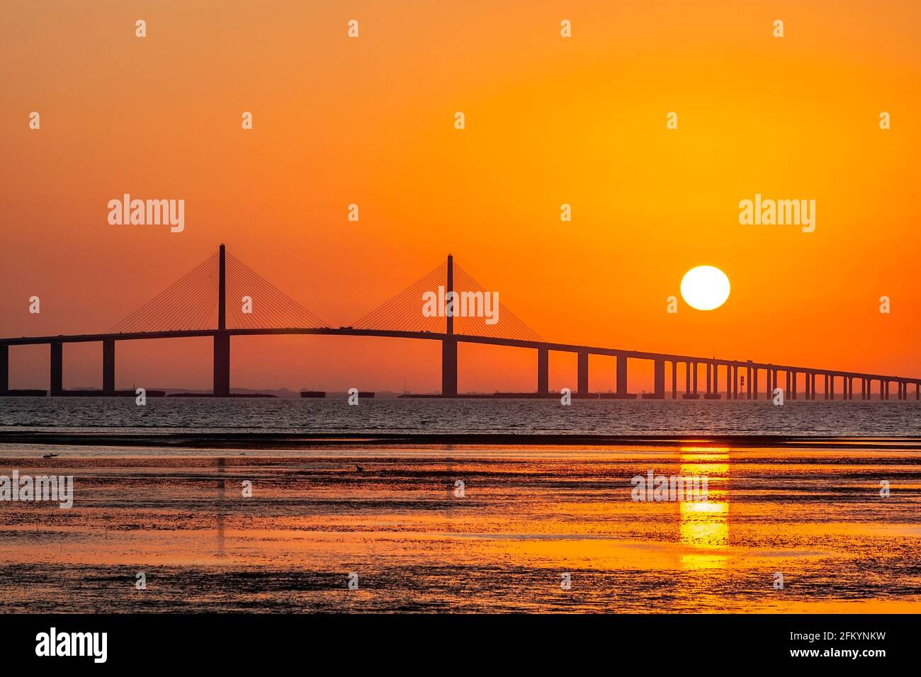 The Bob Graham Sunshine Skyway Bridge, often referred to as the Sunshine Skyway Bridge or simply the Skyway, is a cable-stayed bridge spanning the Low Stock Photo
