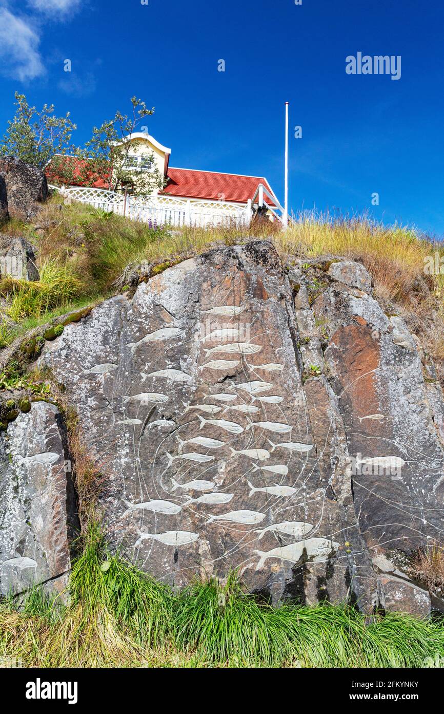 Sculpted rock artwork, part of the Stone and Man Exhibit,in the village