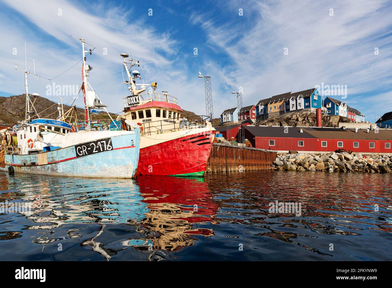 Whaleboat in the harbor in the small Greenlandic village of Qaqortoq, formerly Julianehåb, in southern Greenland. Stock Photo