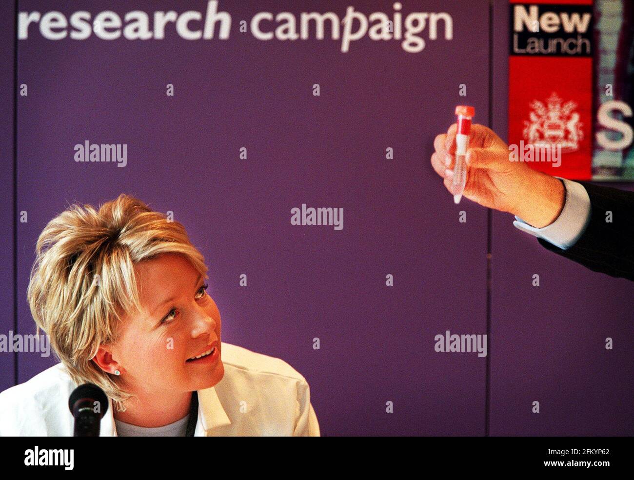 Kirsty Young looks on with intrest as her own DNA forms in a test tube. Kirsty took part inm a scientific experiment at the Cancer Research Campaign's national office to highlight the importance of research and raise awareness of how The Campaign will be benifiting from The Schroder Medical Discovery Fund.Pic Stock Photo