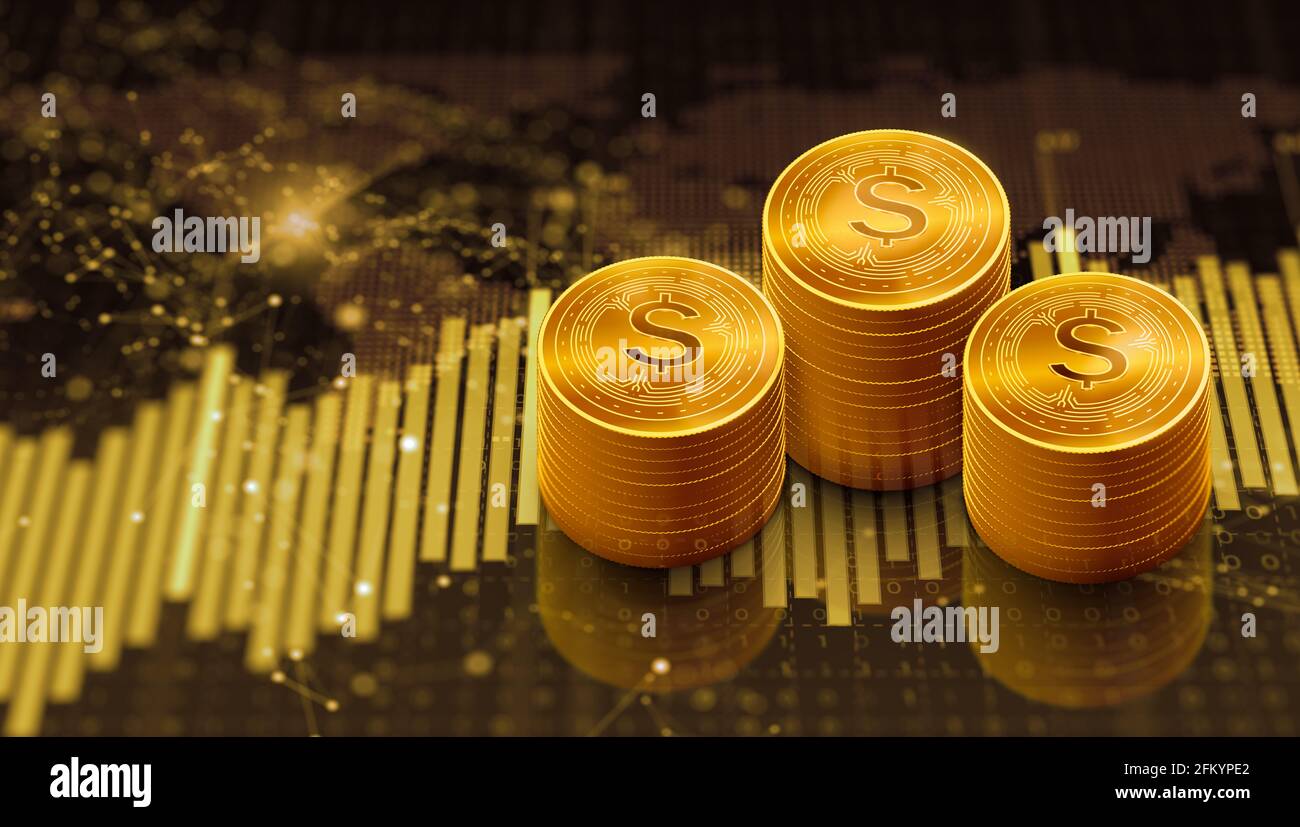 Rows of gold dollar coins with trading graph and forex trading chart.  Cryptocurrency, Digital economy, Finance, Bank, and Business investment  concept Stock Photo - Alamy