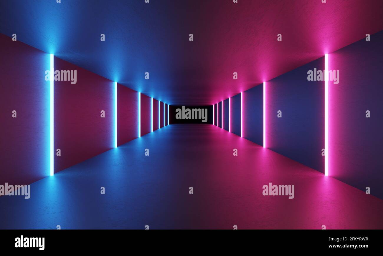 3D rendering of futuristic Sci-Fi abstract blue and purple neon light ...