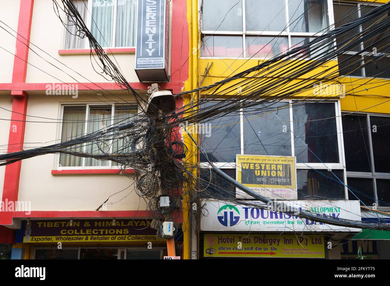 Tangle of electric wires in Kathmandu, Nepal. Stock Photo
