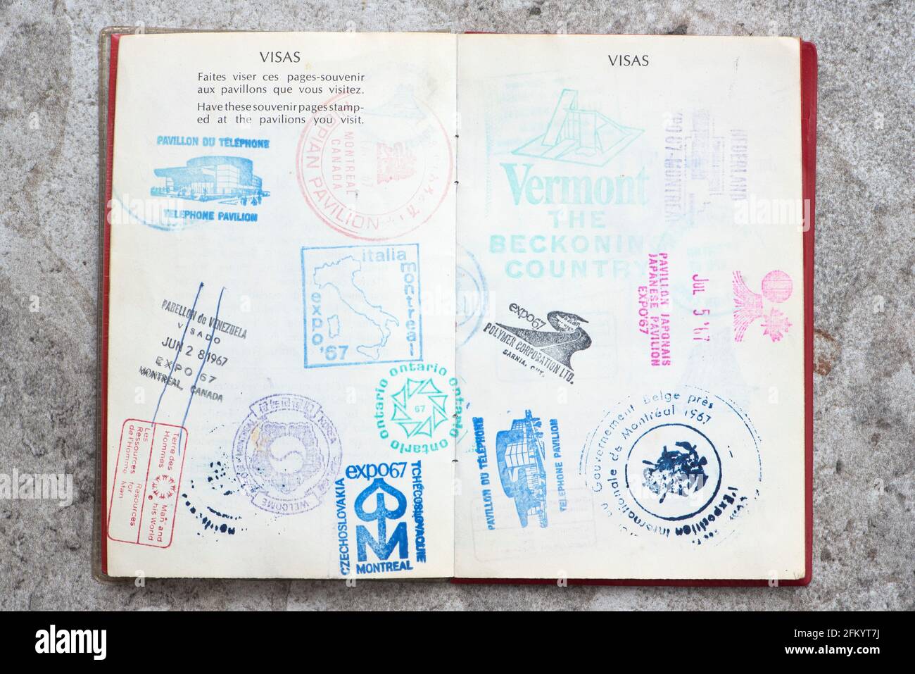 Montreal's Expo 67 passport pages with stamps from the different pavilions. Stock Photo