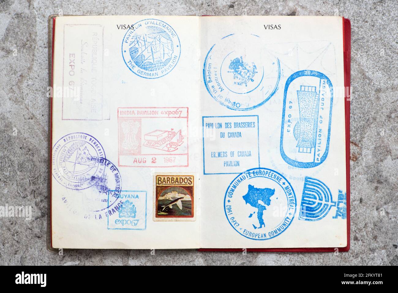 Montreal's Expo 67 passport pages with stamps from the different pavilions. Stock Photo